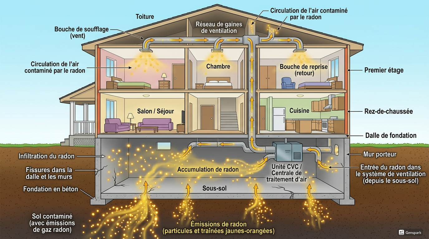 Coupe transversale d'une maison à deux étages illustrant l'infiltration du radon depuis le sol vers l'intérieur